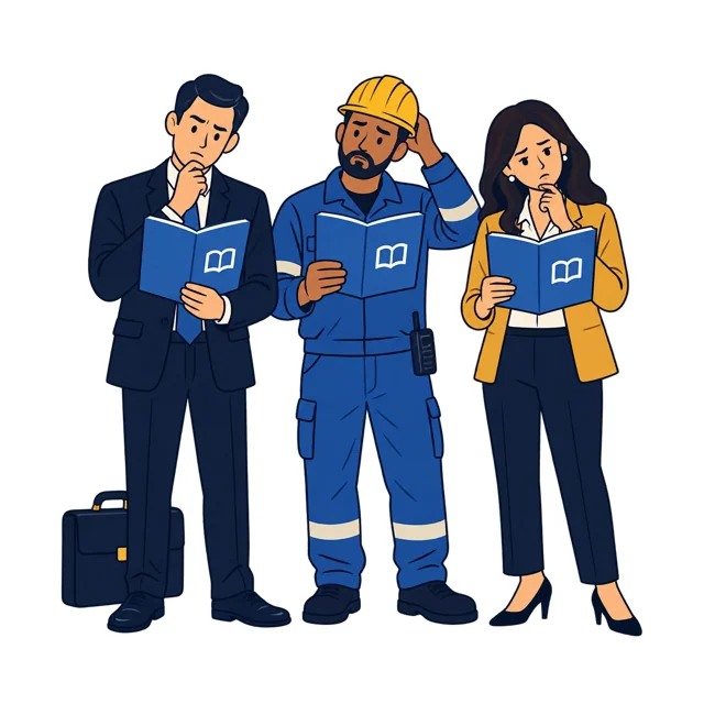 Three employees in different roles holding identical training books